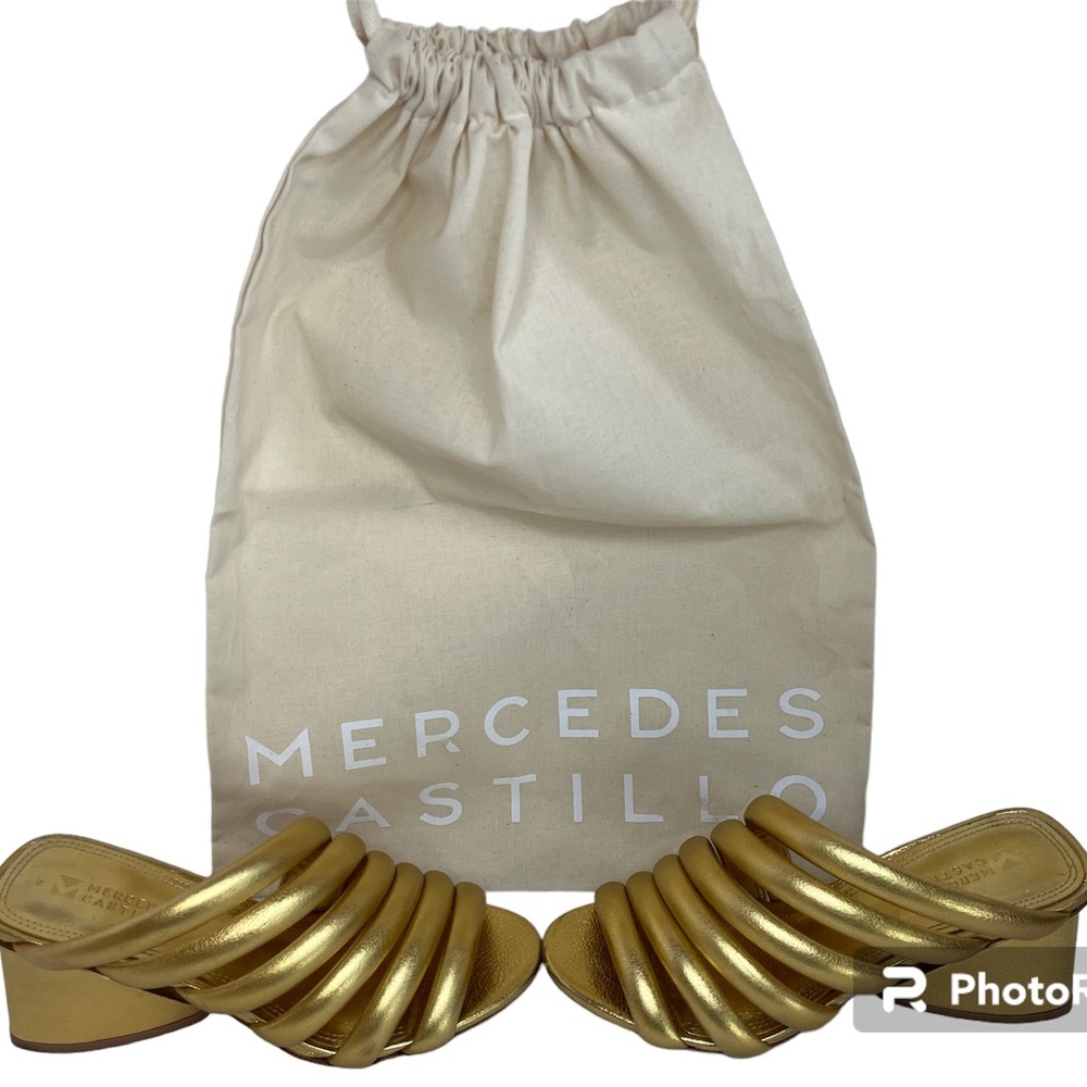MERCEDES CASTILLO Metallic Gold Strappy Block Heel Mules